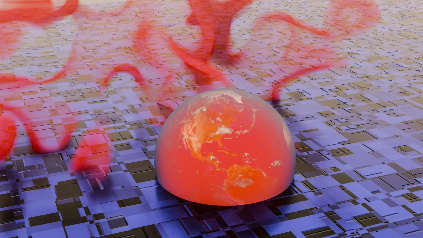 Imajen konseituál ne'ebé hatudu mundu teknolojia global ho bandeira Xina, Uniaun Europeia, no Estadu Unidus, ho símbolu tekno