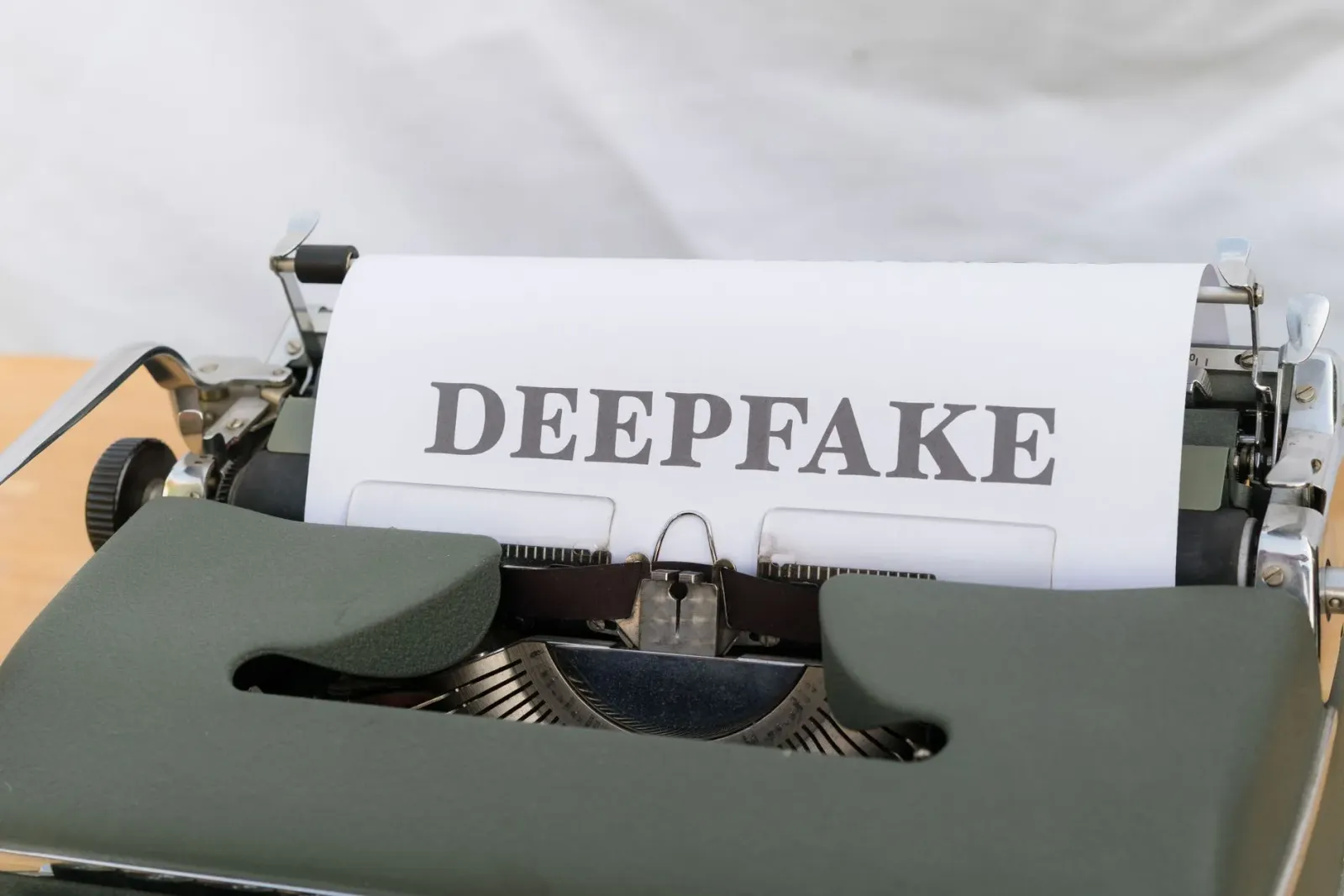 Imajen konseptual kona-ba deepfake AI hatudu ema nia rosto ne'ebé falsu iha komputadór, ho textu 'AI Deepfake' iha fundu, atu