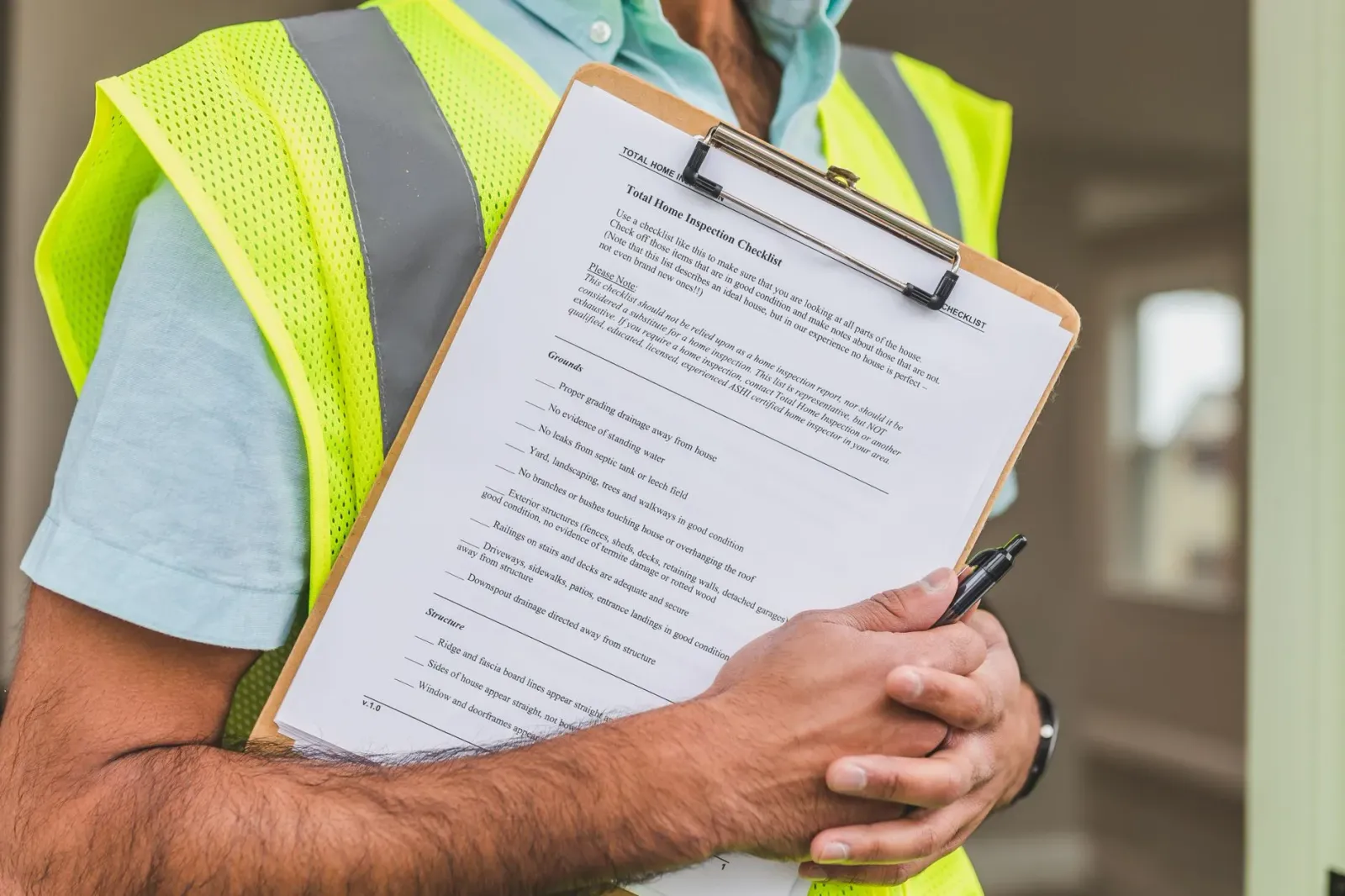 Imajen hatudu inspektor saúde halo verifikasaun iha edifísiu ho checklist no ekipamentu seguransa ahi, hanesan ezemplu ba pre