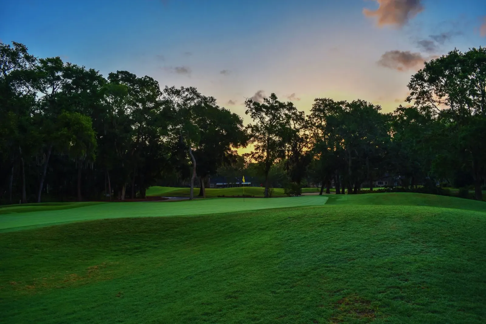 Vista husi kursu golf iha Sea Island Resort, Georgia, ho tasi no rai verde iha kotuk, hanesan sinal ba futuru turizmu desport