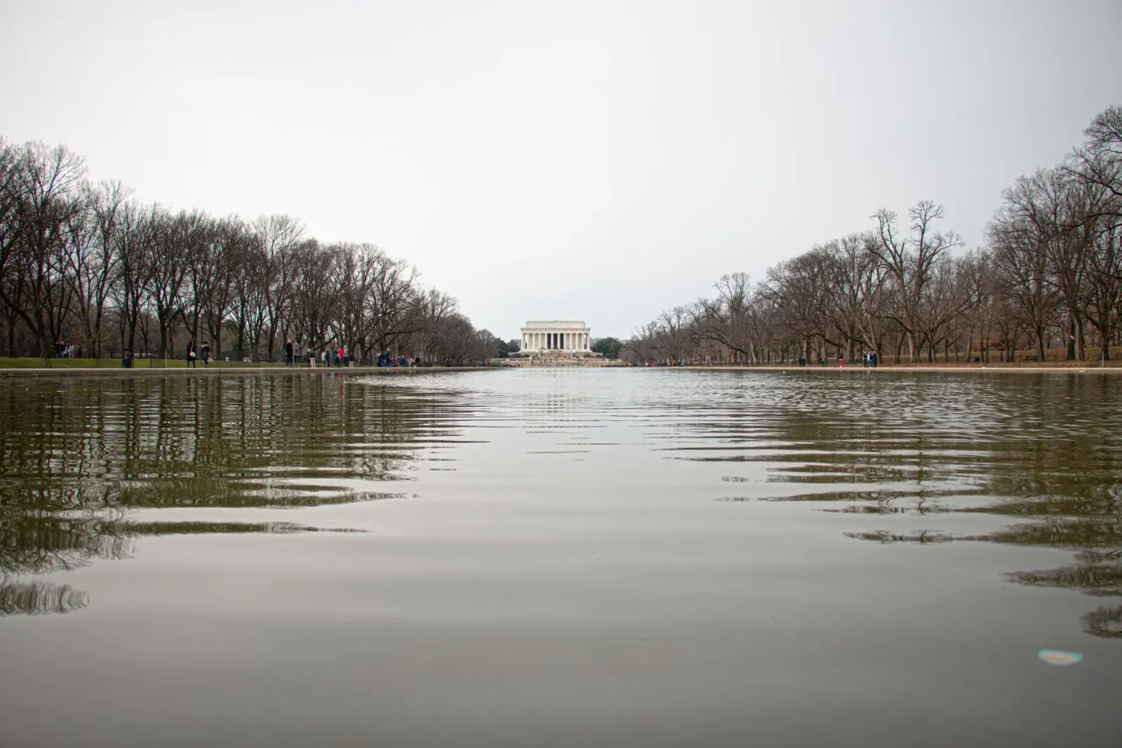 Imajen ida hatudu Lincoln Memorial Reflecting Pool ne'ebé muda tiha kór verde, ho ema barak hareé hela, hanesan sinal kona-ba