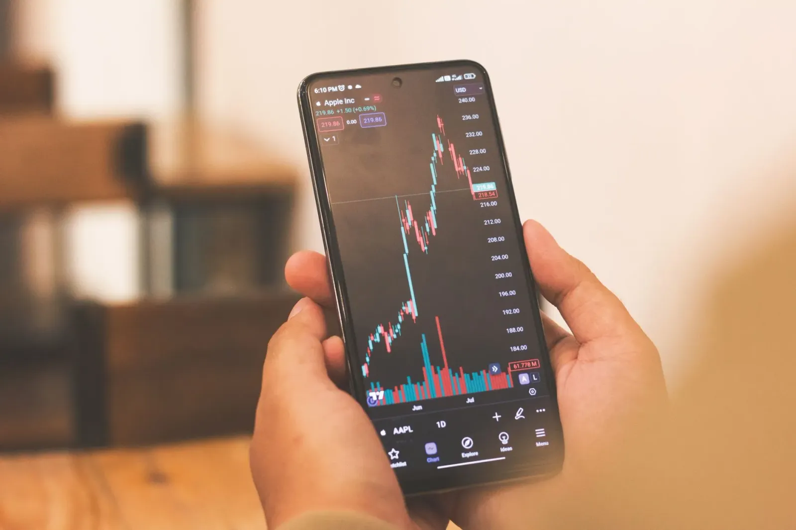 Grafiku S&P 500 no Nasdaq sobe leve iha letra, ho telefone ne'ebé hatudu ikone seguransa, ilustra teknolojia no investimentu