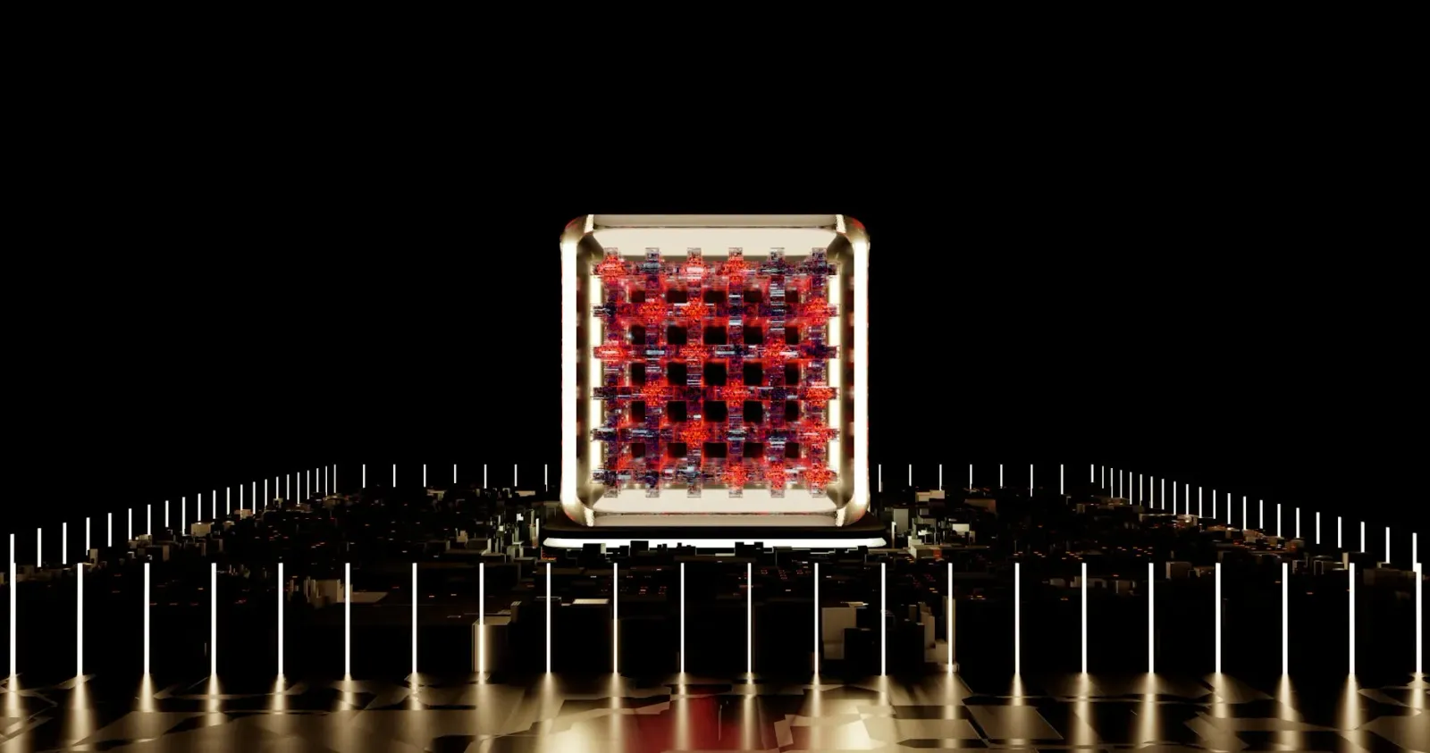 Imajen husi chip komputadór kuántiku Google Sycamore 2, ho fio sira no detalhe teknolójiku, iha fundu azul neon