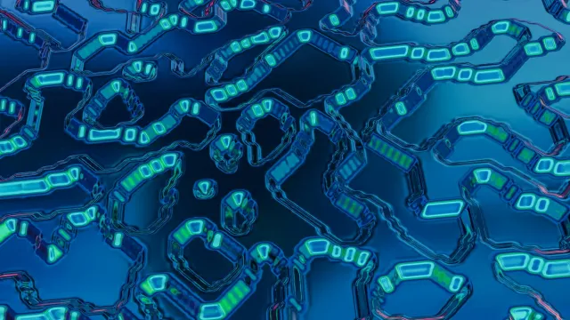 Imajen abstraitu kona-ba teknolojia foun ho kor azul no verde, simboliza inovasaun no futuru iha mundu teknolojia.