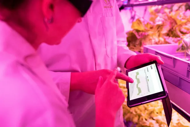 Imajen futurístiku ida husi laboratóriu siénsia ho holograma dijitál no ai-han agrikultura, ne'ebé reprezenta ligasaun entre 
