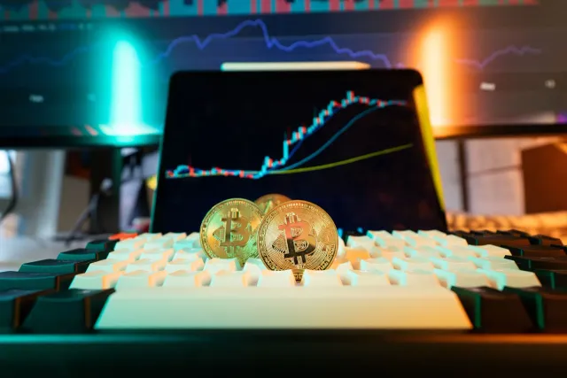 Gráfiku sira ne'ebé hatudu subida no deskida token kríptu, ho númeru risku no oportunidade, iha fundu modernu ho kor azul no 