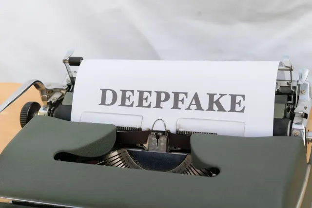 Imajen konseptual kona-ba deepfake AI hatudu ema nia rosto ne'ebé falsu iha komputadór, ho textu 'AI Deepfake' iha fundu, atu