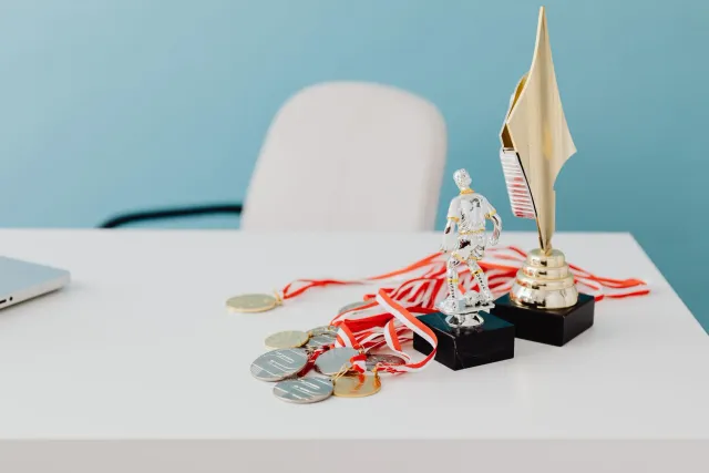Trofeu Gold Stevie Award ho kór prata no fundu azul, ne'ebé reprezenta rekoñesimentu ba Access Coins Evo iha kategoria Constr