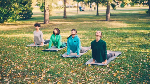 Imajen ida hatudu ai-hun barak iha parc, ho ema balu hamriik no hamriik ho kor verde, hanesan simbolu saúde no ambiente