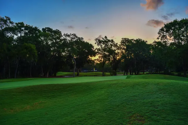 Vista husi kursu golf iha Sea Island Resort, Georgia, ho tasi no rai verde iha kotuk, hanesan sinal ba futuru turizmu desport