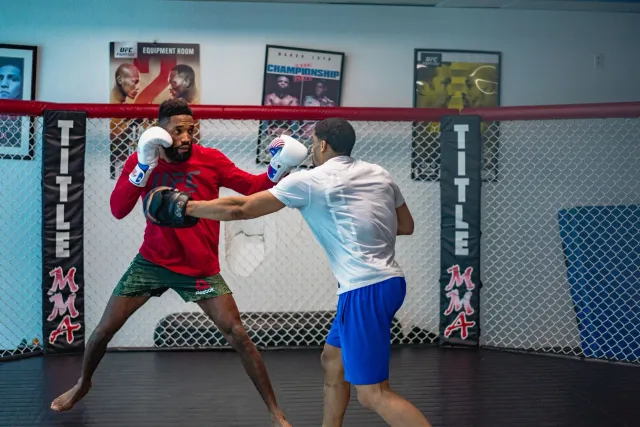 UFC luta iha White House South Lawn ho arena boot no luz ne'ebé fó sensasaun mistiku, ho atleta sira iha ringue, simbolu estr