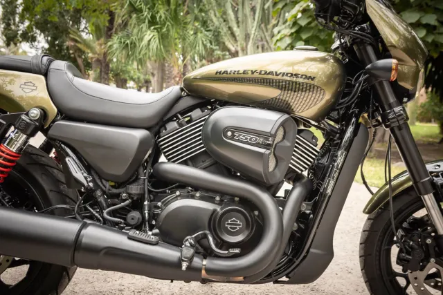 Moto Harley-Davidson X440 ho kór metáliku iha dalan boot, ho folin ne'ebé sa'e tiha ona, hanesan símbolu mudansa prezu iha me