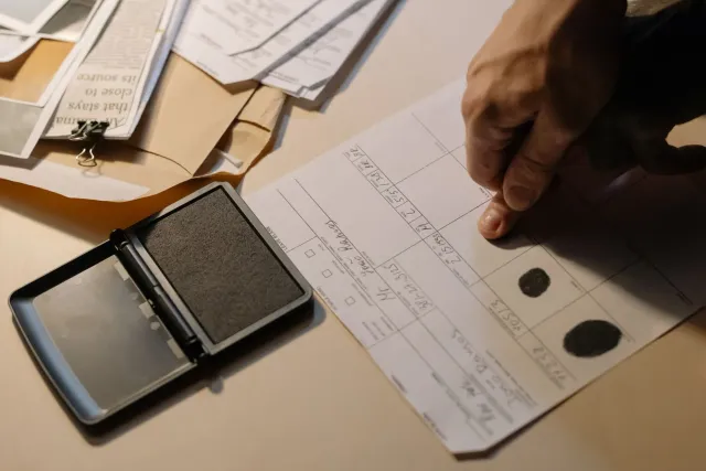 Imajen ne'ebé hatudu sistema NAFIS uza fingerprint husi krime sira iha India, ho polísia no teknolojia modernu.