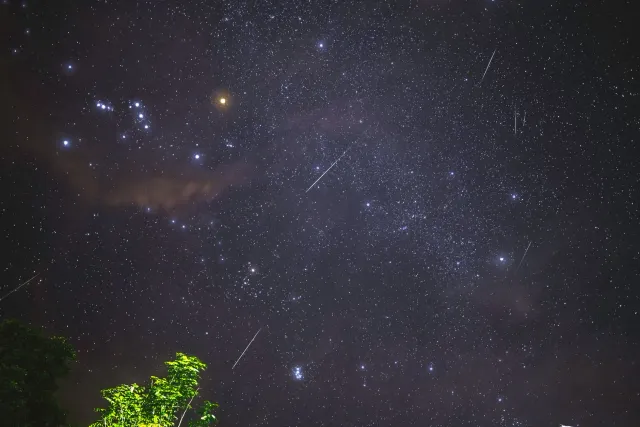 Imajen kona-ba meteor Bootids ida ne'ebé lansu iha lalehan nakukun, ho estrela barak iha fundu, hanesan sinal ba misteriu ne'