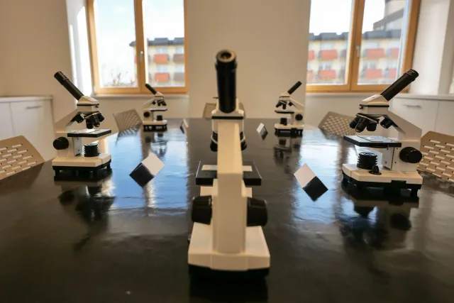 Imajen ida ne'ebé hatudu sientista sira servisu iha laboratóriu ho komputadór no ekipamentu sientístiku, refleta peskiza kona