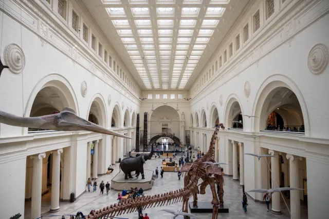 Imajen kona-ba projetu renovasaun Griffin Museum of Science and Industry iha Chicago ho entrada foun no terasa