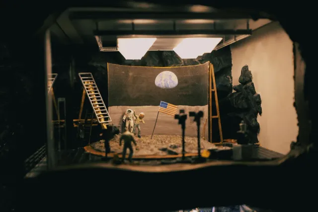 Imajinasaun astronaut iha planu Lua NASA ho misaun boot, hanesan base permanente, ho espasu ne'ebé klaru no estrela, represen