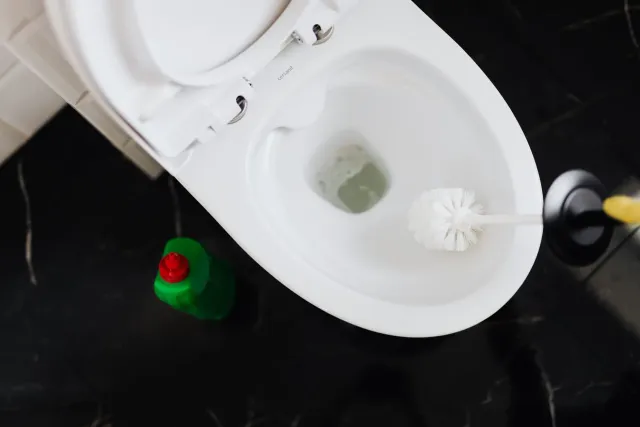 Ema ida hamaus lixívia iha balde atu uza ba sanitizasaun tangke bee RV, ho RV iha kotuk