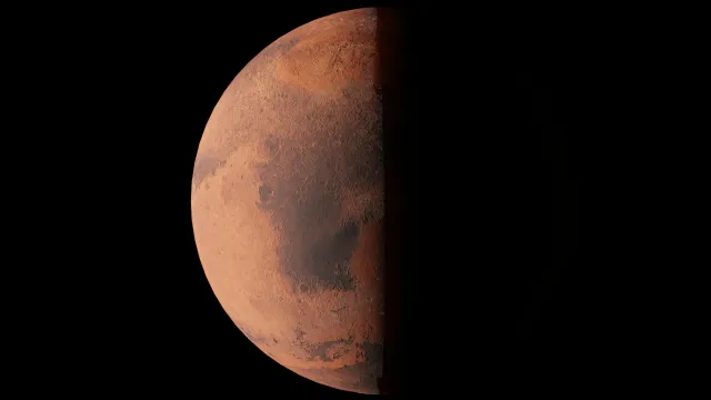 Ilustrasaun husi nave espasu MAVEN iha órbita Mars nia leet, ho planeta mean iha fundu, halo peskiza atmosfera