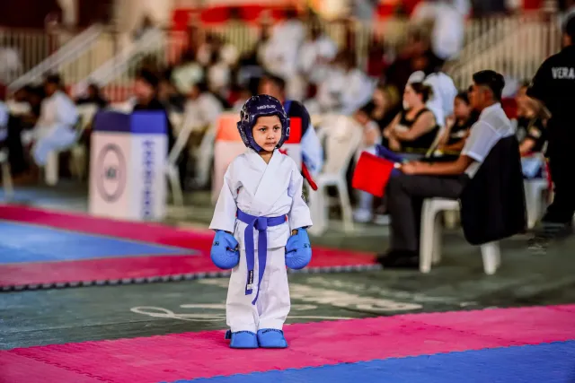 Robot humanoid ida ho peruka afro iha demosaun karate iha jardim botániku, nia kakeres hasoru labarik. Ema barak haree iha la