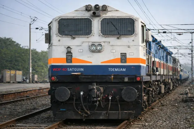 Imajen ida hatudu estasaun ferrovia modernu iha India ho kamera seguransa no teknolojia monitorizasaun, ne'ebé ilustra modern